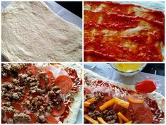 four pictures showing different stages of making pizzas and doughnuts, including the toppings