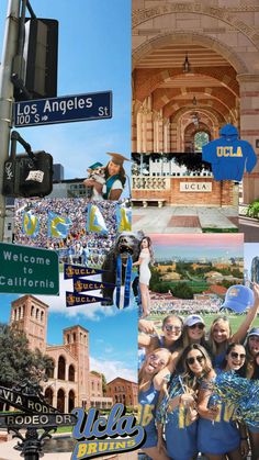 the collage shows many different pictures and people in blue outfits, including one with a sign that says los angeles