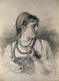 an old drawing of a woman with a necklace on her neck and wearing a hat