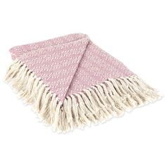 a pink and white throw with fringes on it's end, sitting on a white surface