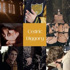 a collage of photos with the words ceric diggory written in yellow