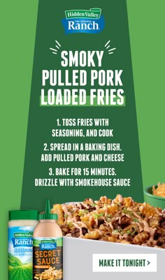 an advertisement for smokey pulled pork loaded fries with seasoning and baking sodas