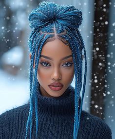 Frost Blue Hair, Christmas Braids, Holiday Braids, Blue Dreads, Color Trends 2024, Twisted Braids, Blue Hair Highlights, Haircuts Medium, Medium Short Haircuts