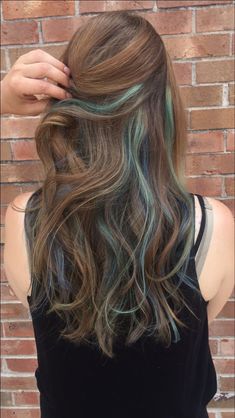 Color Hair Streaks Brunette, Mermaid Hair Highlights Brunettes, Green Peekaboo Hair Blonde, Peekaboo Hair Color Turquoise, Coloured Hair Streaks, Mermaid Dyed Hair, Mermaid Highlights Brunette, Aqua Blue Hair Highlights, Brunette Hair With Green Highlights