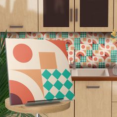 an image of a kitchen setting with colorful tiles on the backsplash and cabinets