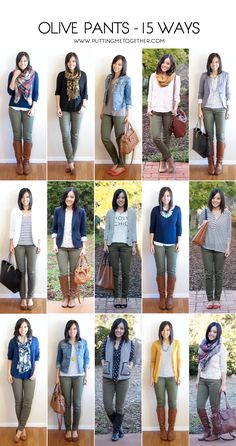 How to Wear Olive Skinny Jeans - 15 Ways | Putting Me Together | Bloglovin Green Pants Outfit, Hiking Tattoo, Olive Pants, Look Jean, Mode Tips, Teaching Outfits, Olive Green Pants, Moda Jeans, Mode Casual