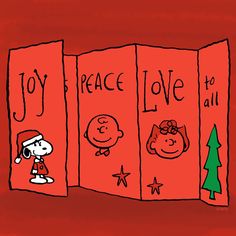 an open book with peanuts on it and the words joy, peace, love, and all