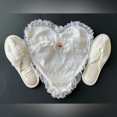 Gorgeous Lace & Satin Slippers With Matching Heart Shaped Case. Never Used. Size 5 1/2-6 1/2 Great Gift For The Bride To Be! From A Smoke Free Home. White Heart Slippers, Elegant Slip-on Beach Slippers, White Synthetic Slip-on Slippers, White Heart Print Sleepwear For Bedtime, Satin Slippers, Winter Slip-on Slippers With Faux Fur Trim, Gift For The Bride, Bride To Be, Bride Gifts