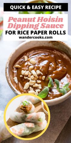 peanut hoisin dipping sauce for rice paper rolls with text overlay reading quick and easy recipe