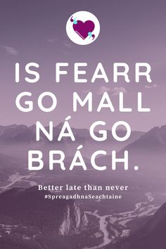 a purple and white poster with the words is fear go mail na go brach