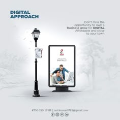 an advertisement for digital approach showing two people sitting on a bench next to a lamp post