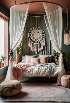 a canopy bed with curtains and pillows on top of it in a room filled with potted plants