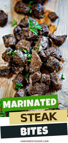 steak bites on a cutting board with parsley in the background and text overlay that reads marinated steak bites