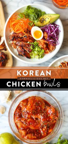 KOREAN CHICKEN BOWLS Chinese Chicken Rice Bowls, Food In A Bowl Meals, Chicken Dinner Bowls, Chicken Korean Bowl, Asian Inspired Rice Bowls, Korean Chicken Bowls, Korean Chicken Bowl Recipe, Korean Bimbap Bowls Recipe, Asian Bowls Chicken