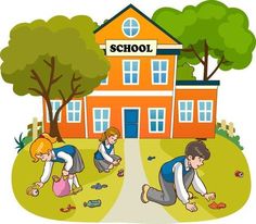 two children picking up trash in front of a school