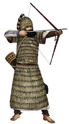 an image of a man in armor holding a bow and arrow with the caption's description below