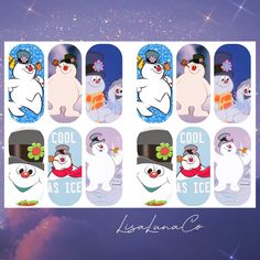 *INTENDED FOR LONG ACRYLICS/GELS* waterslide nail decals One sheet with 12 decals. Opaque. Snowman Nail Art, Snowman Nails, Waterslide Nail Decals, Frosty The Snowman, Frosty The Snowmen, Acrylic Gel, The Snowman