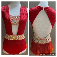 the back of a red leotard with sequins and beads on it