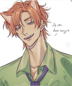 an anime character with red hair wearing a green shirt and purple tie, smiling at the camera