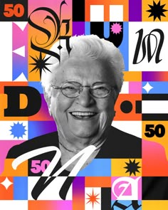 an old woman with glasses is smiling in front of many different types of letters and shapes