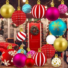 an assortment of christmas ornaments and decorations in front of a red door