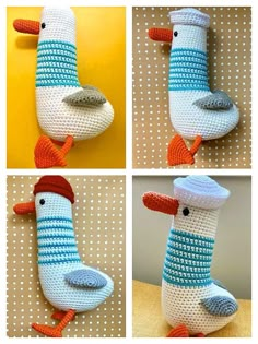 crocheted bird sitting on top of a table next to three pictures of it's legs