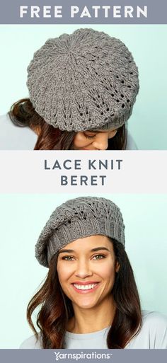 two pictures of a woman wearing a knitted hat with the words lace knit beret