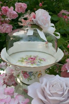 pink roses are in the foreground, and a glass dome is on top of it