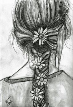 a drawing of a woman's head with flowers in her hair and braids