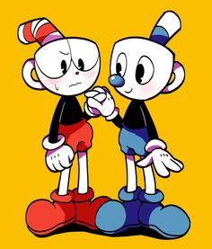 two cartoon characters standing next to each other on a yellow background with one holding the other's hand