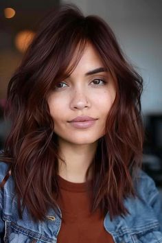 Auburn Hair All Over Color, Cinnamon Red Hair Color Dark Brown, Red Brown Fall Hair, Fall Hair Colors Low Maintenance, Mahogany Bob Haircut, Dark Red Hair With Brown Eyes, Fall Hair Color For Brunettes Red Dark Auburn Highlights, Fall Hair Colors Long Hair, Curtain Bangs Medium Hair Red