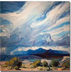 an oil painting of clouds over mountains and trees