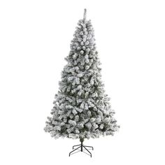 a white christmas tree with snow on it's top and base is shown in front of a white background