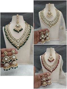 *Light Weight Kundan layered necklace set with earrings and tikka. *Studded with kundan stone. *Light Weight Gold kundan necklace. *No.1 to No.2 *Earrings Length- 3.2 inches(included pearl drop) *Earrings Dome Size- 1 inches *No.3 to No.5 *Earrings Length- 3.5 inches(included pearl drop) *Earrings Dome Size- 1 inches Bridal Necklace Layering, Kundan Jewellery Bridal, Bride Jewelry Set, Kundan Jewellery Set, Indian Bridal Jewellery, Necklace Set Indian, Layered Necklace Set, Kundan Necklaces, Gold Jewelry Indian