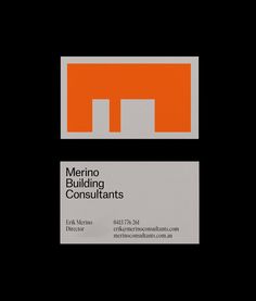 an orange and white business card with the words merino building consultants on it