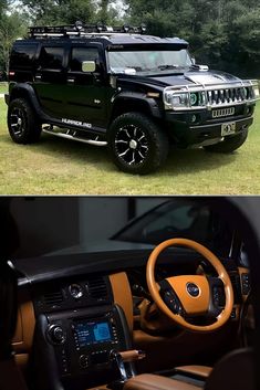 the interior and dashboard of a hummer is shown in two different pictures, one with an orange dash light