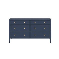 a blue dresser with gold knobs on the top and bottom, against a white background