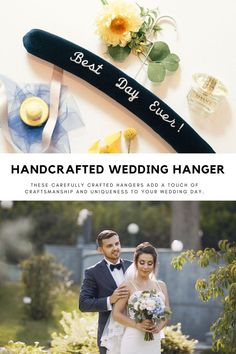 a man and woman standing next to each other in front of a sign that says handcrafted wedding hanger