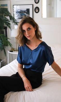 Verona Silk Blouse - 100% Silk Reversible Tee | Ravella Luxury Silkwear Silk Top Outfit, Bra Strap Clip, Silk Tops, Perfect Blouse, Satin Blouses, Luxury Silk, Satin Top, Satin Blouse, Midnight Navy