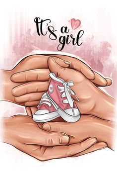 two hands holding a pair of pink shoes with the words it's a girl