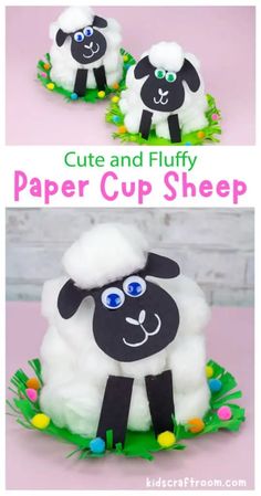 two sheep made out of toilet paper with the words cute and fluffy paper cup sheep