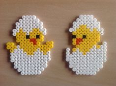 two pieces of perler bead art depicting an angry duck and the other bird