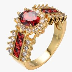 Gold Plated Crimson Garnet Ring - FREE SHIP DEALS Ruby Birthstone Ring, Stone Rings For Women, Red Stone Ring, Luxury Party, Ruby Birthstone, Skull Hand, Fire Opal Ring, Red Jewelry, Wedding Rings Vintage