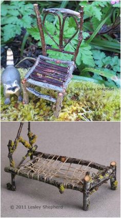 an old chair is transformed into a miniature garden bench with twigs and moss growing on it