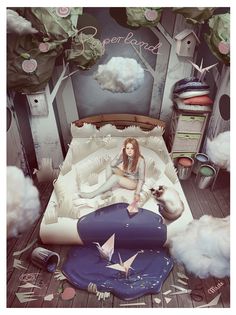 a woman sitting on top of a bed surrounded by clouds