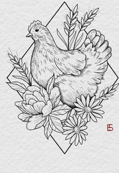 a chicken and flowers on a white paper