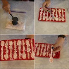 four pictures showing how to make rice krispy kreme treats