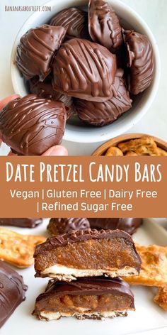 chocolate pretzel candy bars with the text date pretzel candy bars vegan gluten free dairy free