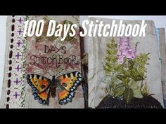 two small notebooks with butterflies on them and the words 100 days stitchbook written in white