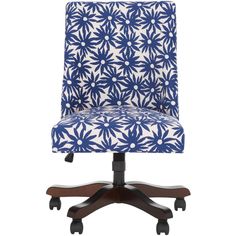 a blue and white office chair with wheels on the back, in front of a white background